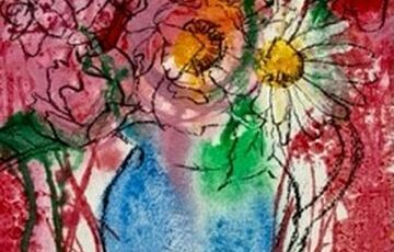 Abstract artwork of a blue vase with white flowers in. The background is pink