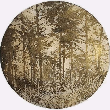 Worm's eye view etching of a forest. There is grass in the foreground with trees in the background