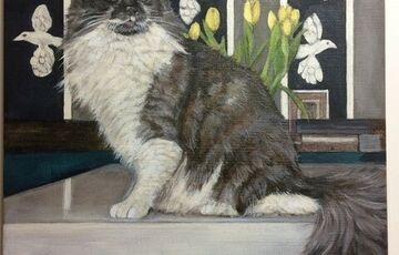 Artwork of a grey and white cat sitting on a white surface in a home, looking off to the side.