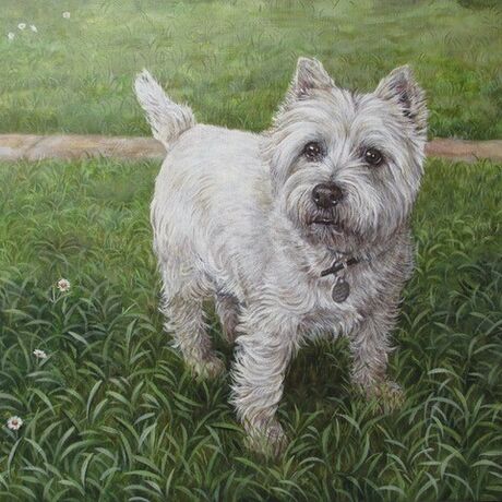 Artwork of a west highland terrier standing in some grass