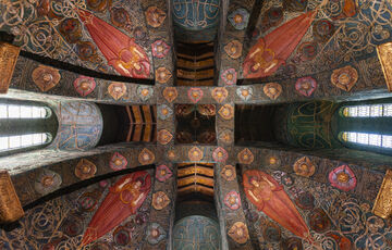Watts Cemetery Chapel ceiling with colourful decorative panels