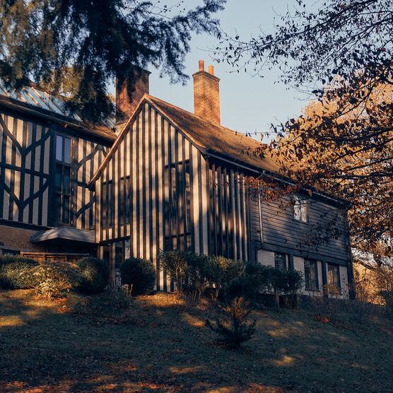 Black and white panelled building with trees
