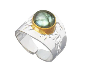 A silver band with a gold and blue stone forming a ring that was inspired by the starfish and seas of Indonesia