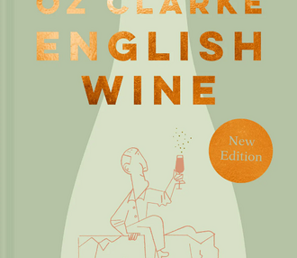 The front cover of a book called Oz Clarke English Wine, which features an illustration of a man drinking wine